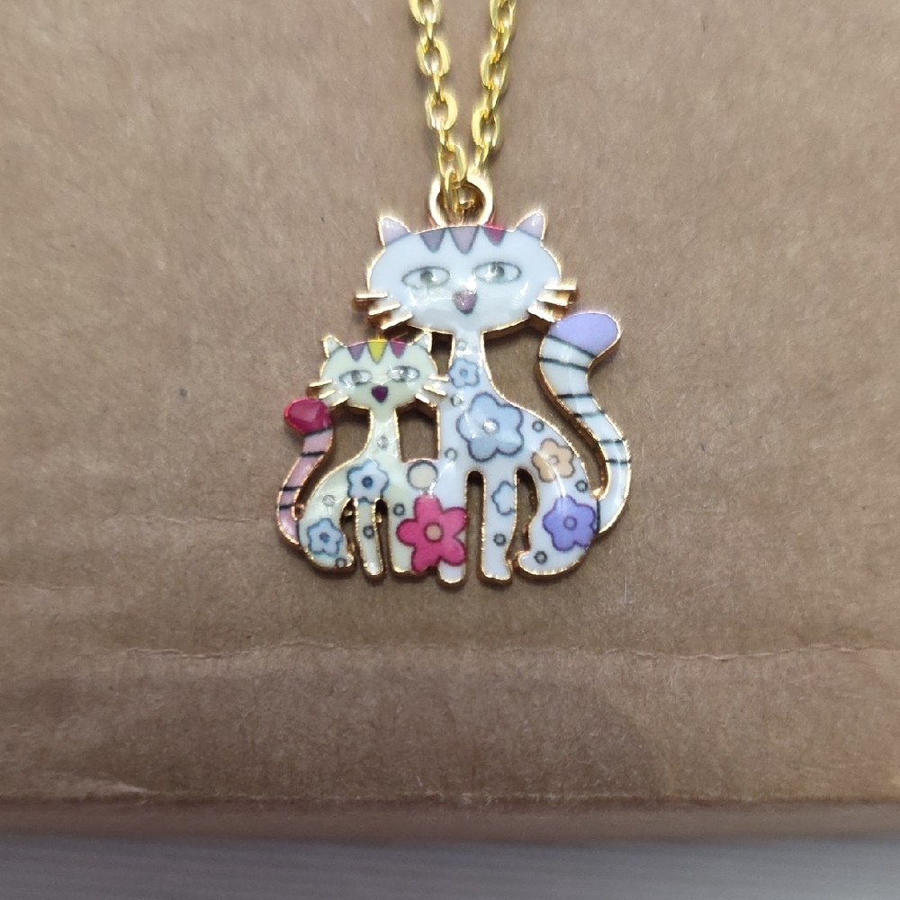 Floral Cat Pendant Necklace - Gold and Multicolor
